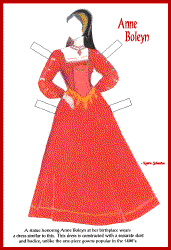 Red gown with tabs for Anne Boleyn paper doll, design from Blicking Hall statue